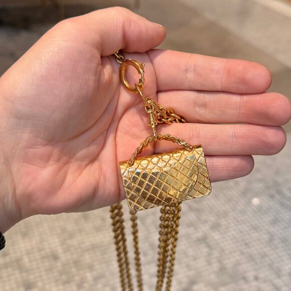 Chanel Vintage Gold Plated Bag Charm Triple Chains Necklace Belt - Picture 12 of 16